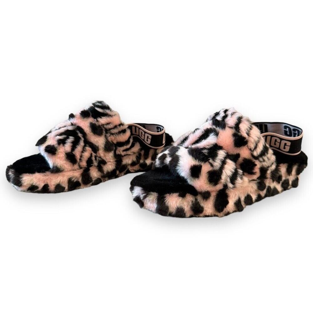 UGG Pink and Black Leopard Fuzz Slide Sandals with Branded Heel Strap